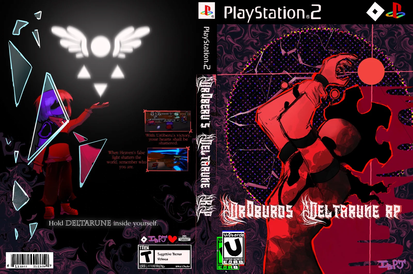 A fan-made mockup of a PlayStation 2 game case for “Ur0beru’s Deltarune RP”. The front side shows Ur0beru clutching its hand underneath a bright red sun, set against a purple background. The back side shows an untitled character holding the DELTA RUNE, along with a few screenshots of CDRP and a caption of “Hold DELTARUNE inside yourself.”
