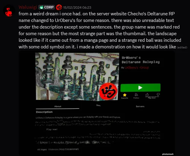 Discord message recounting a dream in which Checho’s Deltarune RP was renamed “Ur0Beru’s Deltarune Roleplay,” shown beside a mockup of the Roblox game page with a surreal landscape thumbnail bearing a red ball marked with an odd sigil